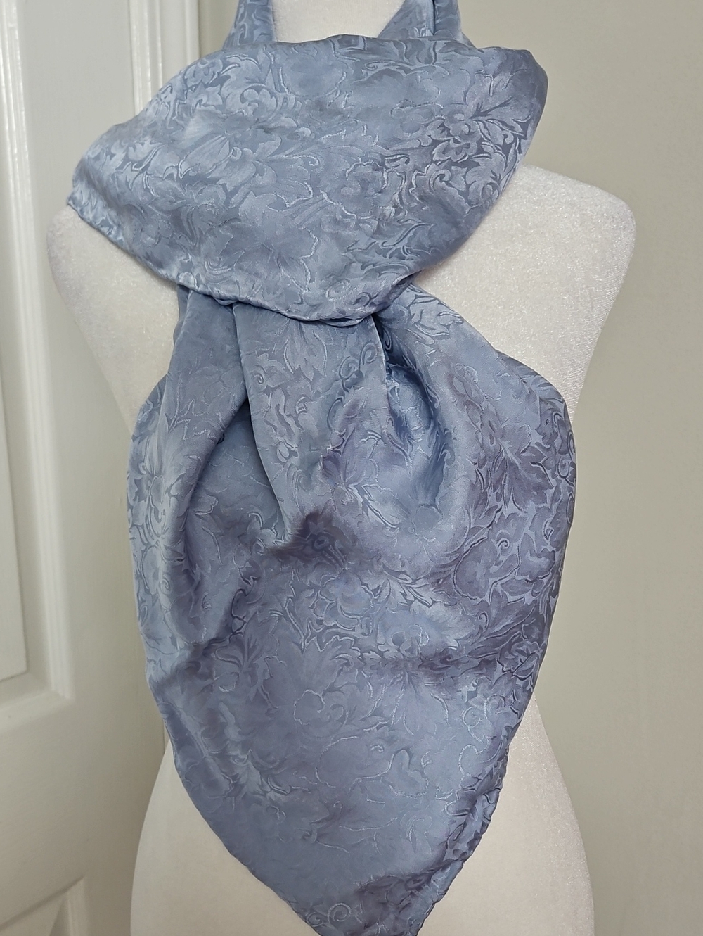 Vintage Blue Silk Jacquard Floral Square Scarf Hand Rolled Edge Brocade Satin